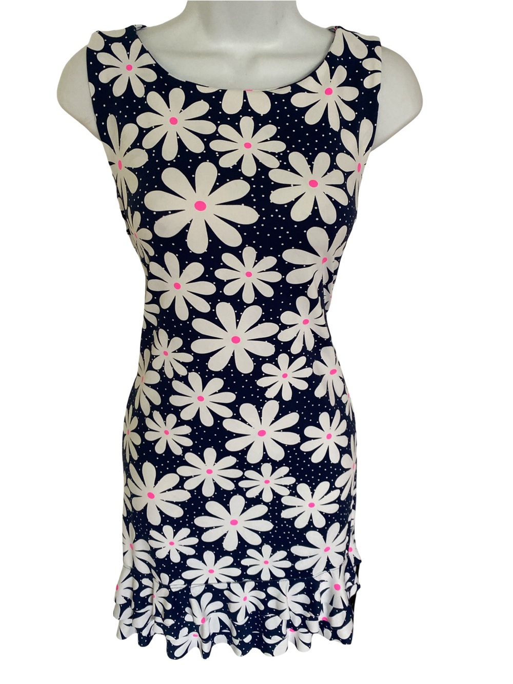 Lulu-B Daisey Ruffle Floral Dress with Pink Accents-S navy white